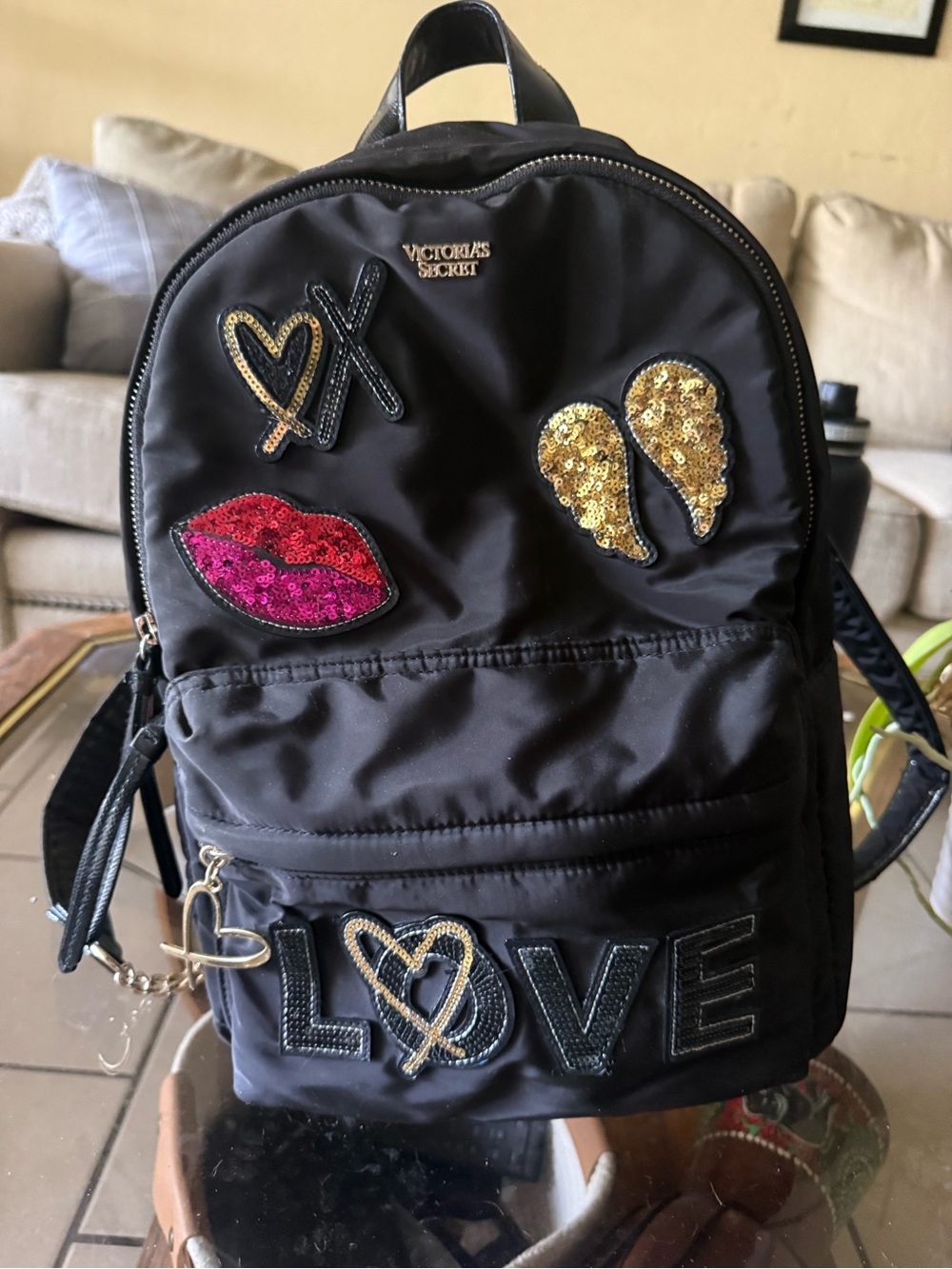 Victoria's Secret Black Backpack with Gold and Pink Sequin Patches